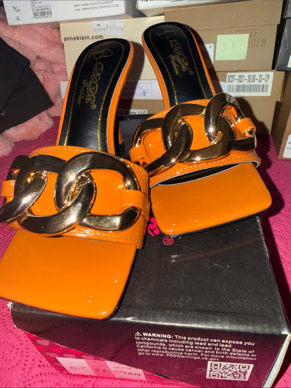 DbDk Fashion Orange Patent Slide Heels with Gold Chain